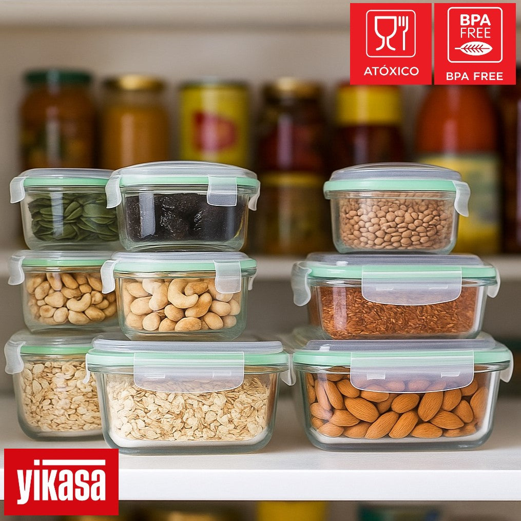 Kit 9 Potes de Vidro Borossilicato Tampa Hermética Verde Yikasa