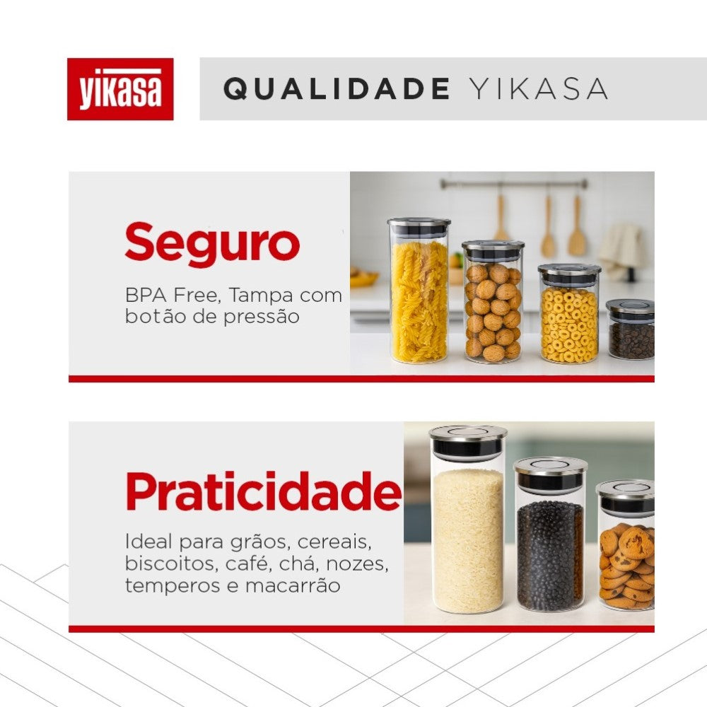 Kit 4 Potes de Vidro com Tampa Inox e botão de Vácuo Yikasa