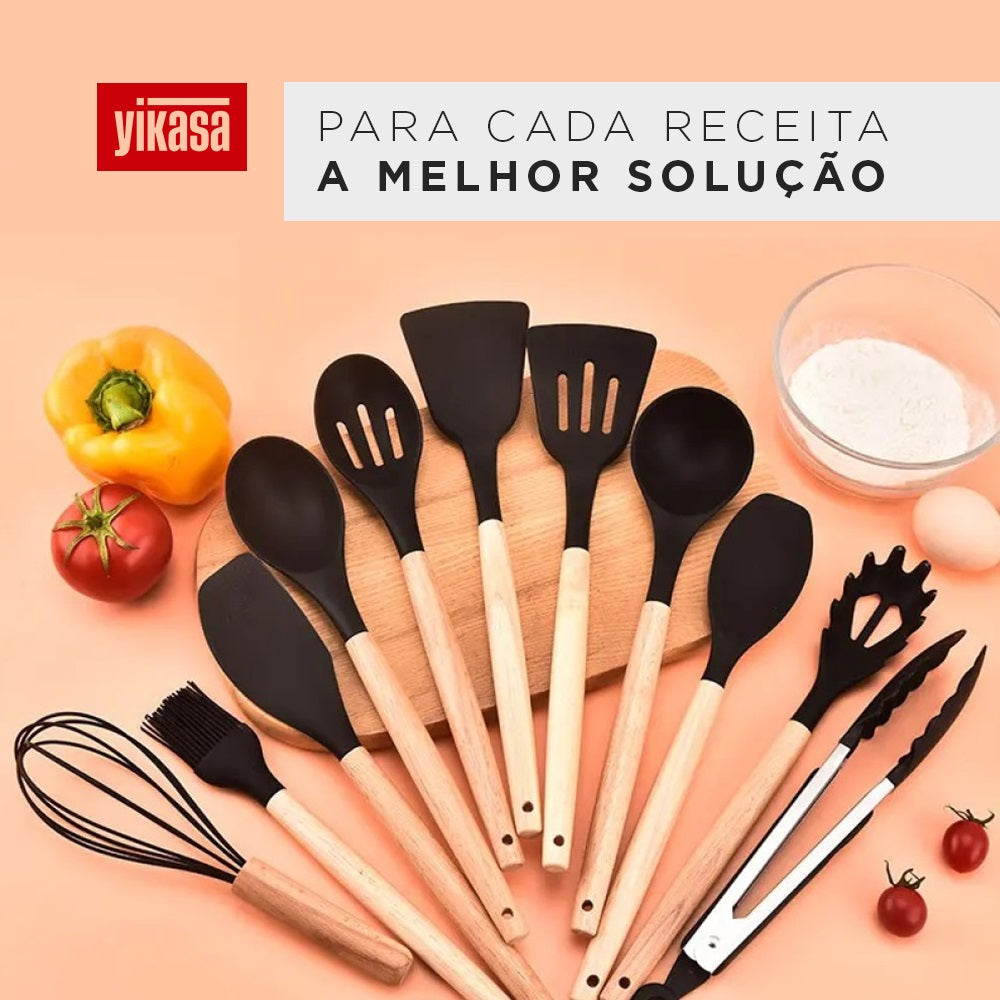 Kit Com 12 Utensílios De Cozinha Em Silicone Com Cabo Madeira Yikasa