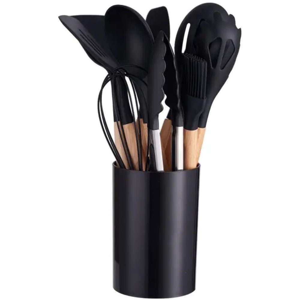 Kit Com 12 Utensílios De Cozinha Em Silicone Com Cabo Madeira Yikasa