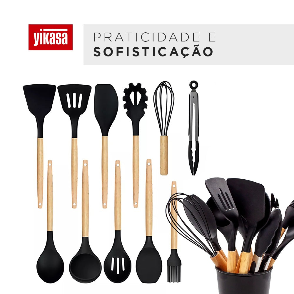 Kit Com 12 Utensílios De Cozinha Em Silicone Com Cabo Madeira Yikasa