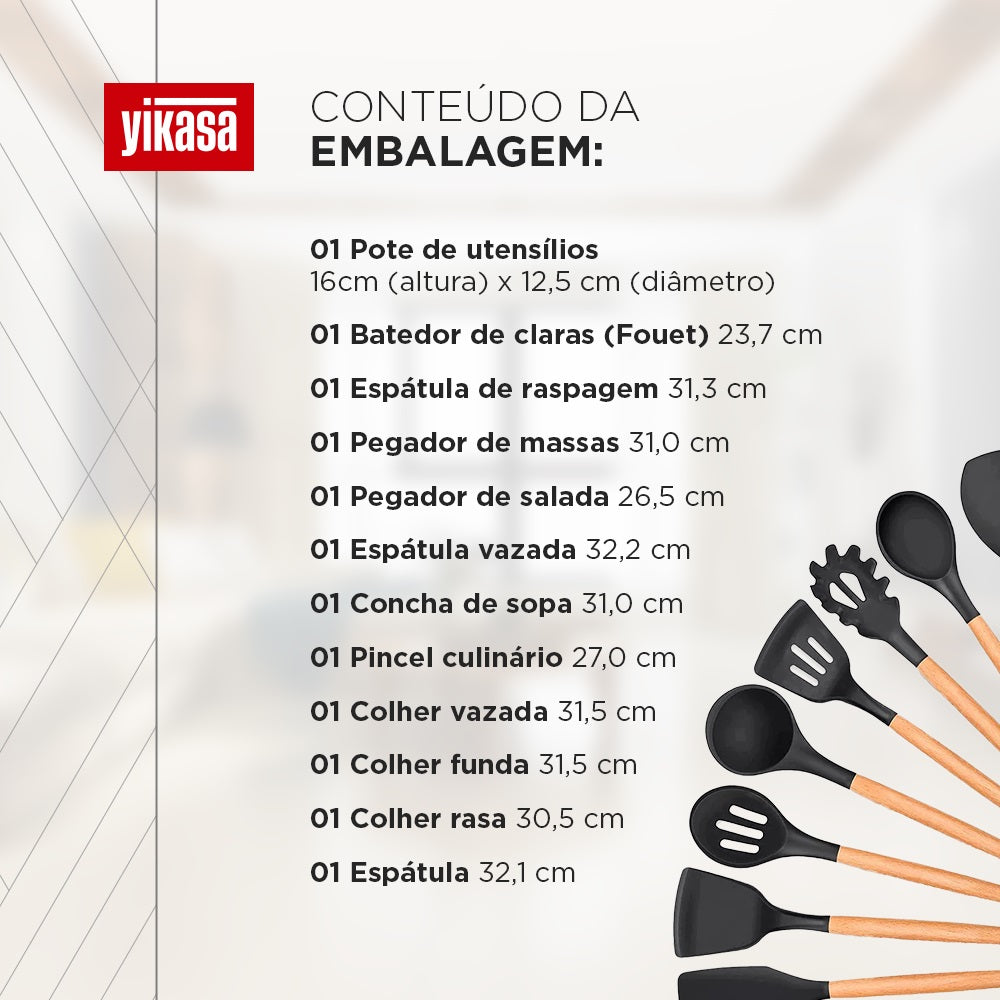 Kit Com 12 Utensílios De Cozinha Em Silicone Com Cabo Madeira Yikasa