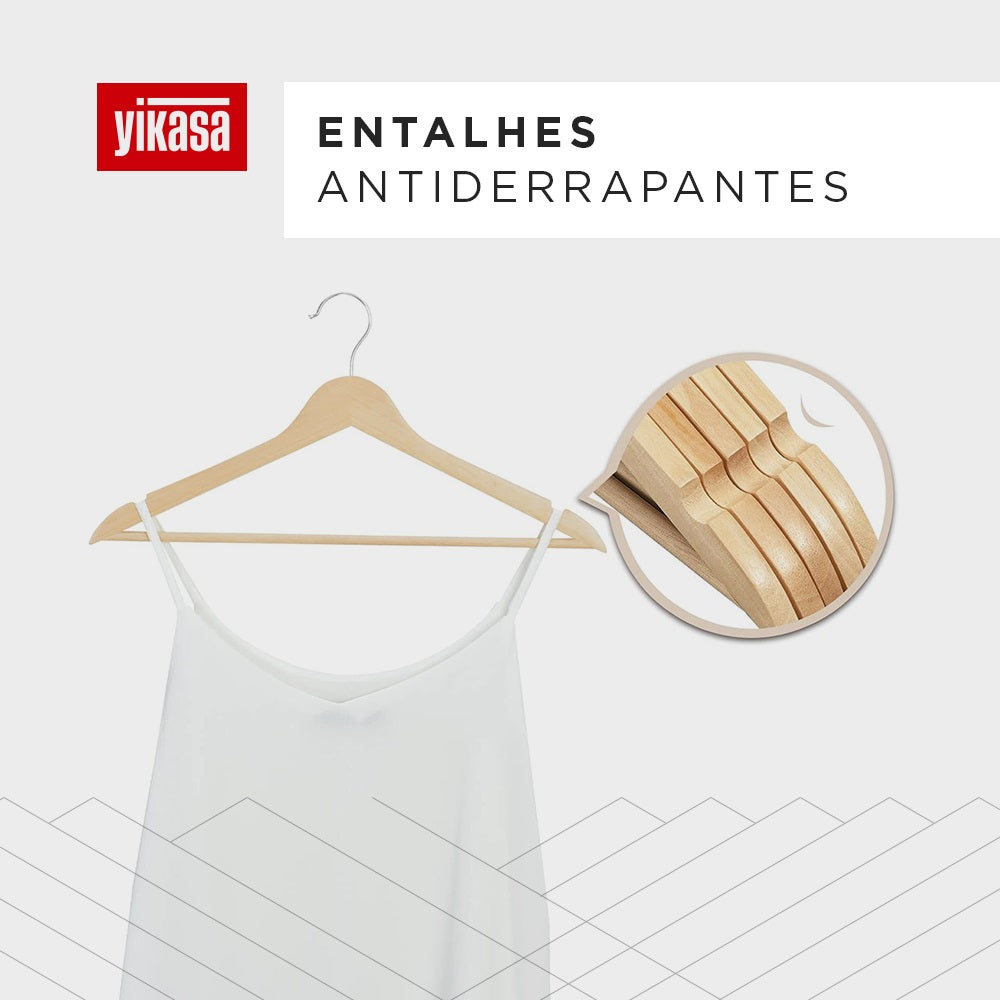 Kit 50 Cabides De Madeira Com Barra Antideslizante Yikasa