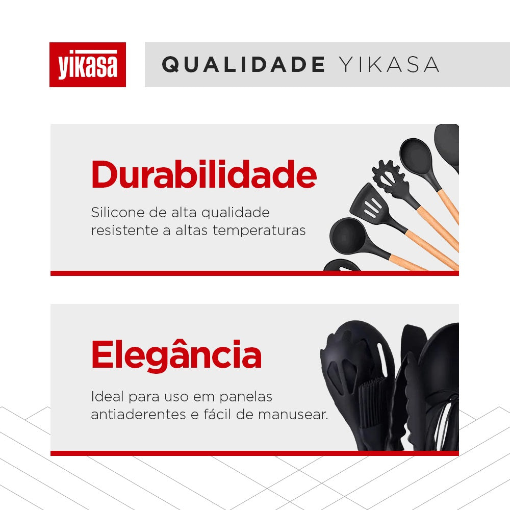 Kit Com 12 Utensílios De Cozinha Em Silicone Com Cabo Madeira Yikasa