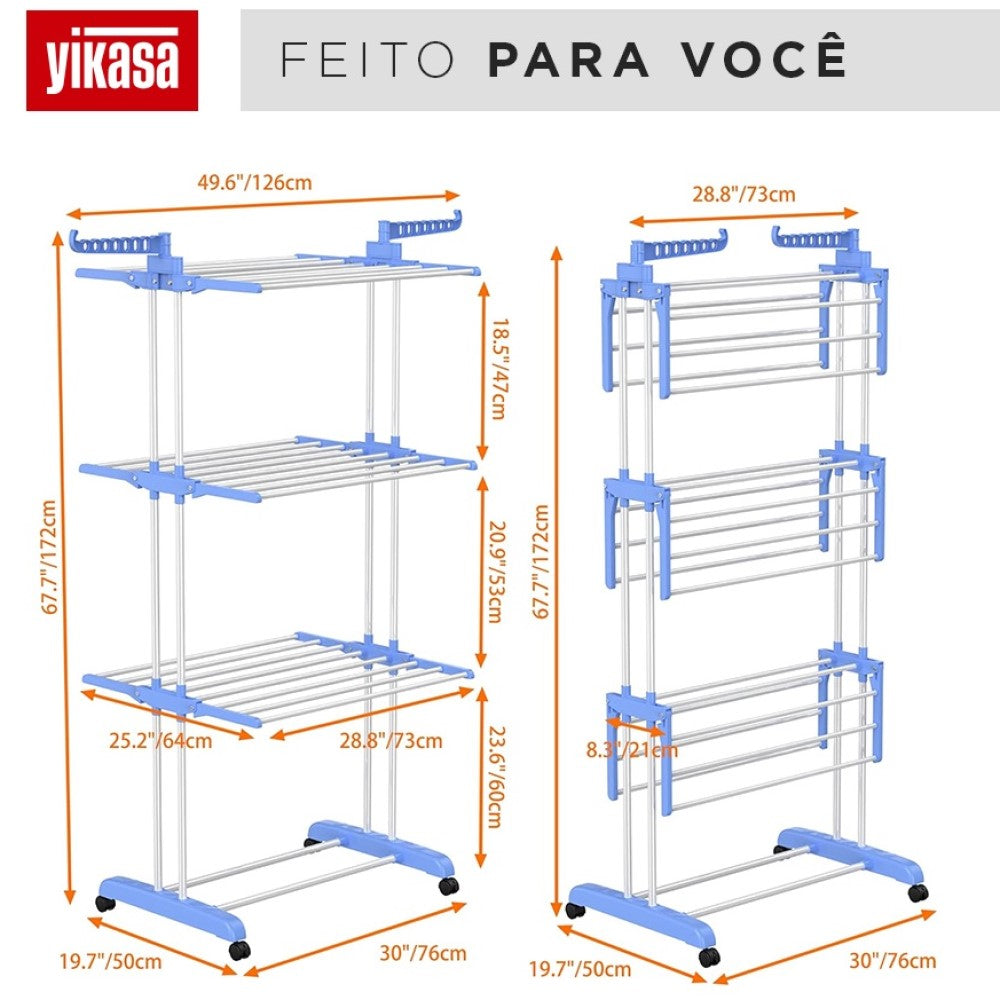Varal De Chão Dobrável 3 Andares Azul Yikasa