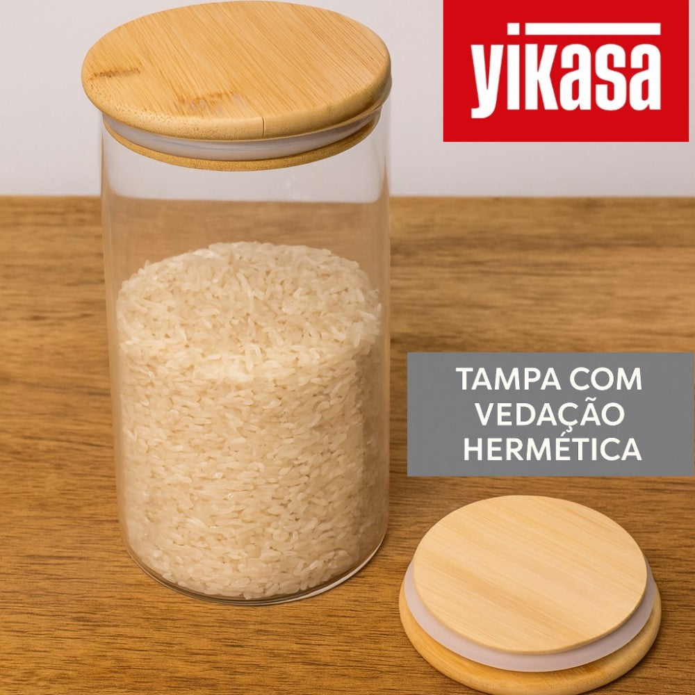 Kit 4 Potes de Vidro Borossilicato com Tampa de Bambu Yikasa