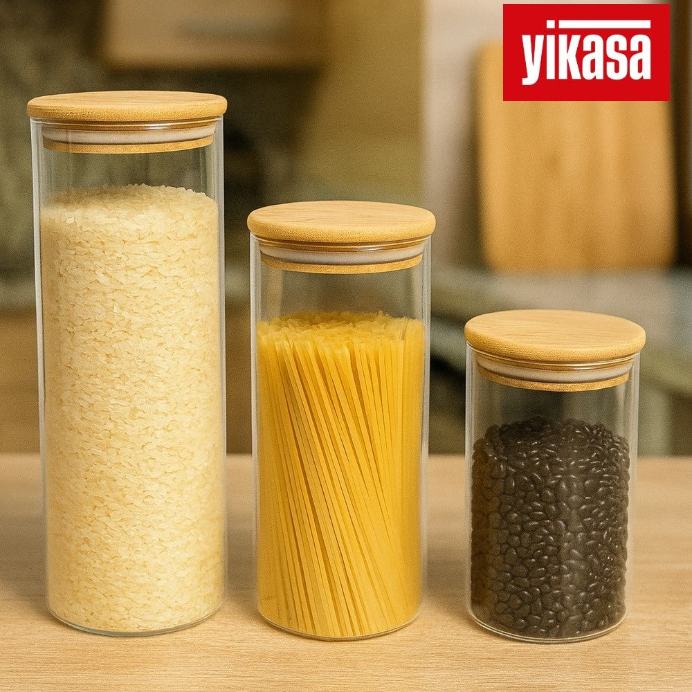 Kit 4 Potes de Vidro Borossilicato com Tampa de Bambu Yikasa
