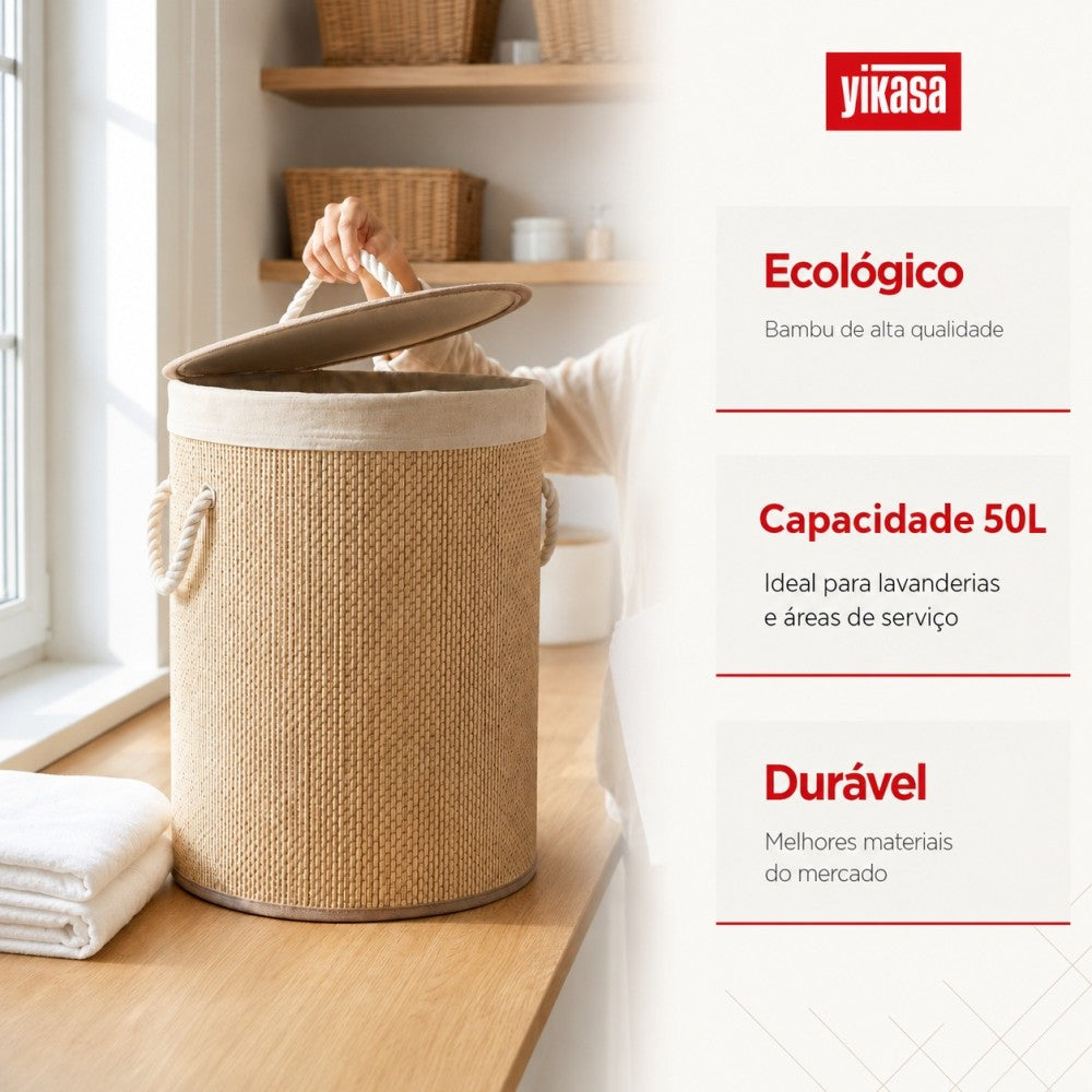 Cesto de Roupas Redondo de Bambu 50 Litros Yikasa