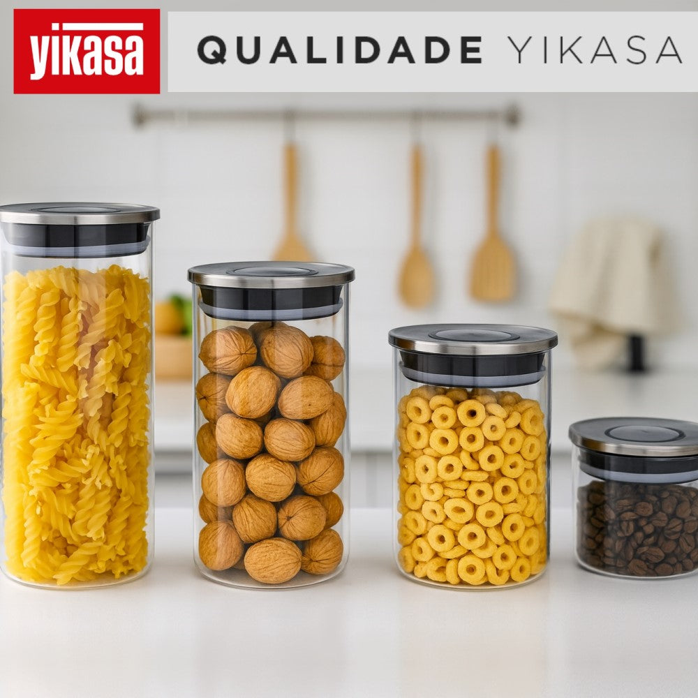 Kit 4 Potes de Vidro com Tampa Inox e botão de Vácuo Yikasa