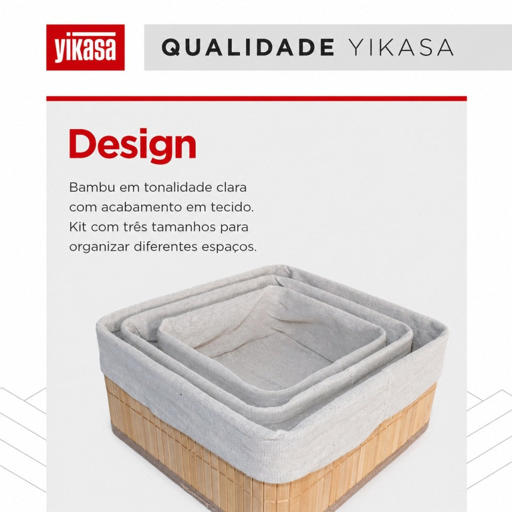 Kit Com 3 Organizadores De Bambu Quadrados Yikasa