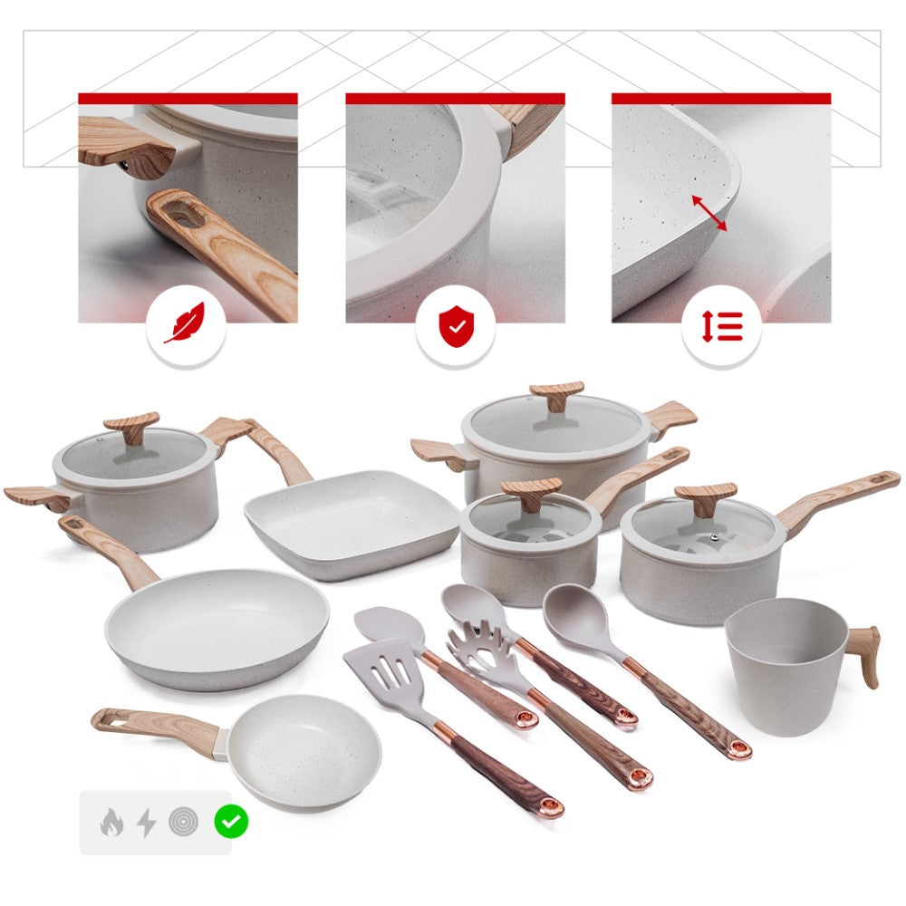 Jogo de Panelas Premium com Revestimento em Mármore Antiaderente 13 Peças Vanilla Yikasa