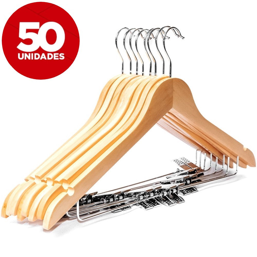 Kit 50 Cabides De Madeira Com Clipes Yikasa