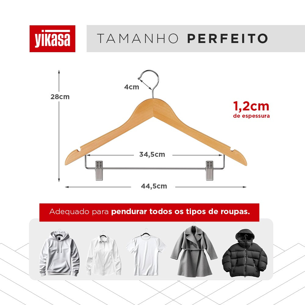 Kit 50 Cabides De Madeira Com Clipes Yikasa