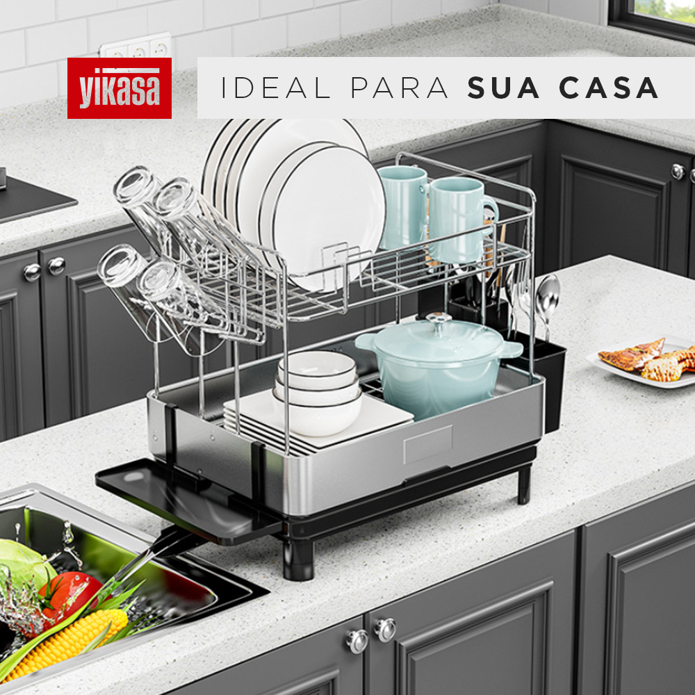 Escorredor de Louça Inox com Porta-Talheres e Bandeja Coletora Plus Yikasa