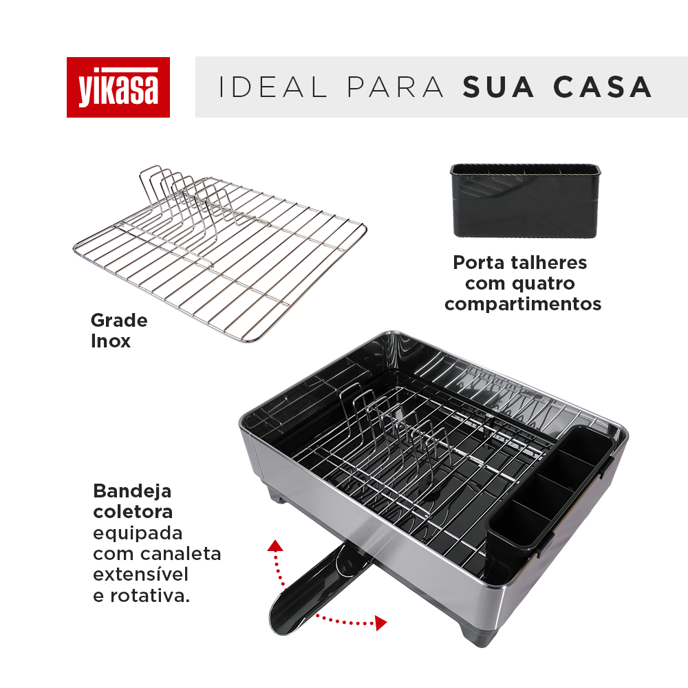 Escorredor de Louça Inox com Porta-Talheres e Bandeja Coletora Plus Yikasa
