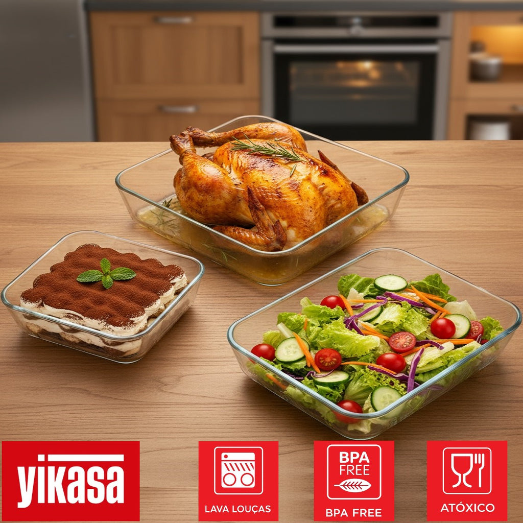 Kit 3 Travessas Retangulares de Vidro Borossilicato com Tampa Yikasa