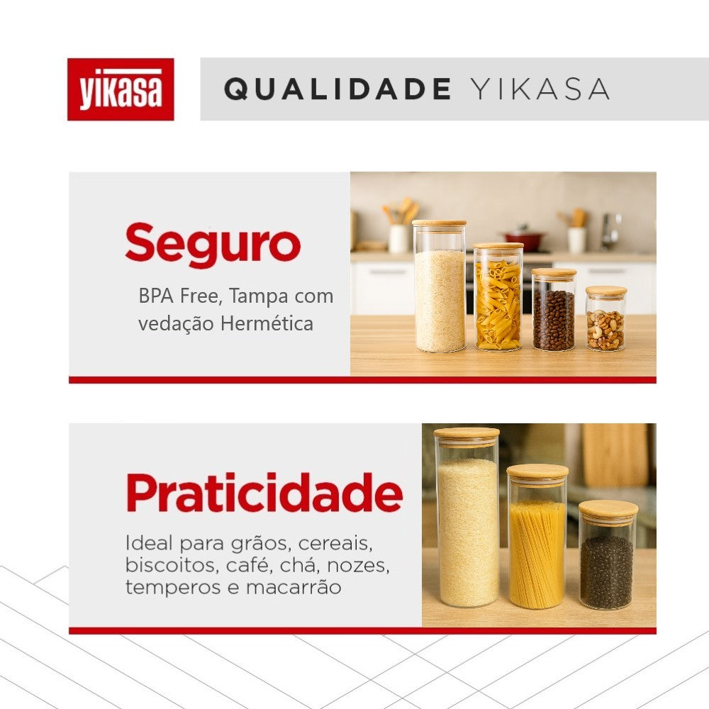 Kit 4 Potes de Vidro Borossilicato com Tampa de Bambu Yikasa
