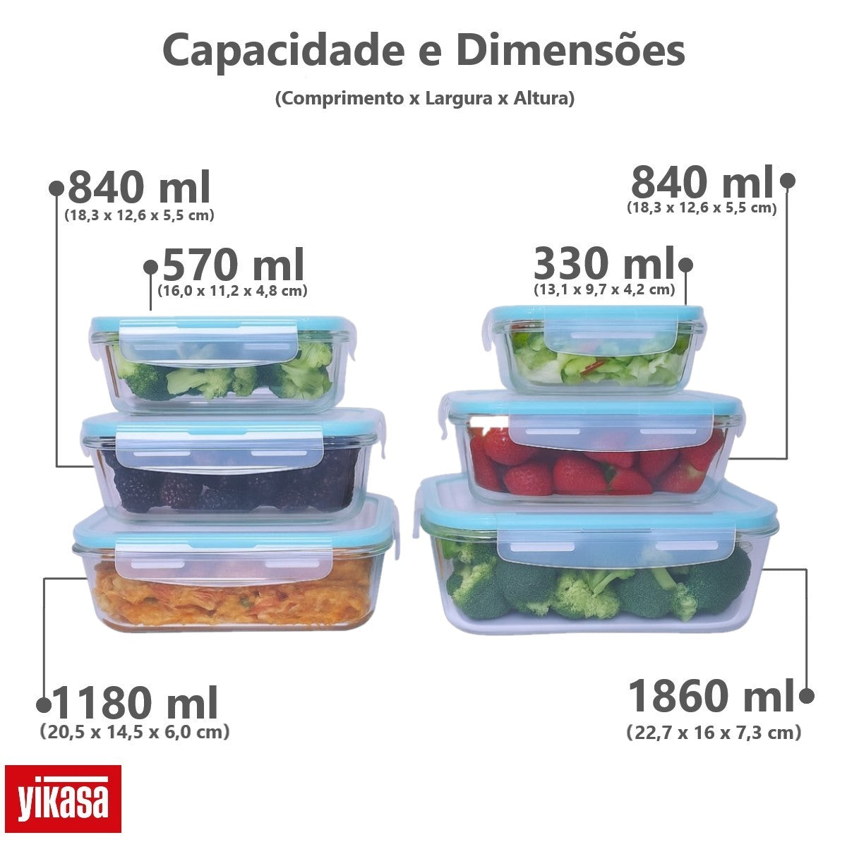 Kit 6 Potes de Vidro Borossilicato Tampa Hermética Verde Yikasa