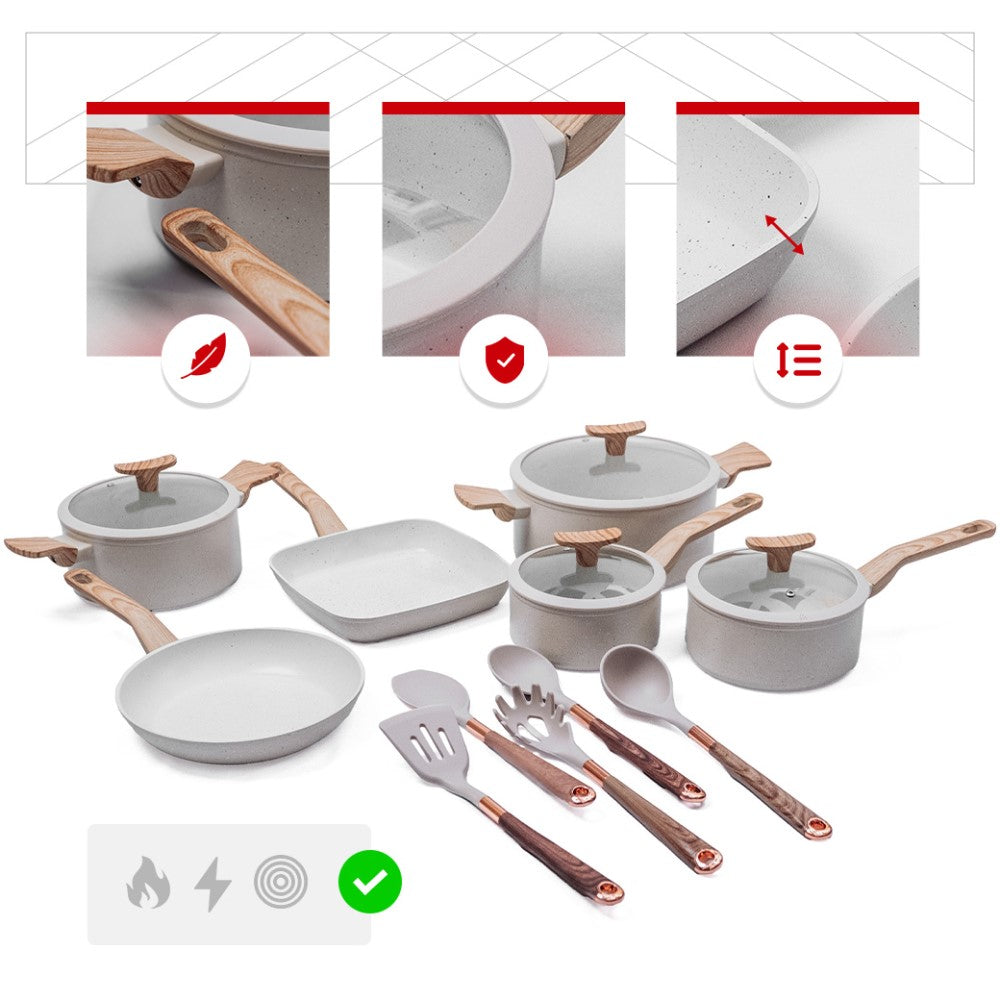 Jogo de Panelas Premium com Revestimento em Mármore Antiaderente 11 Peças Vanilla Yikasa