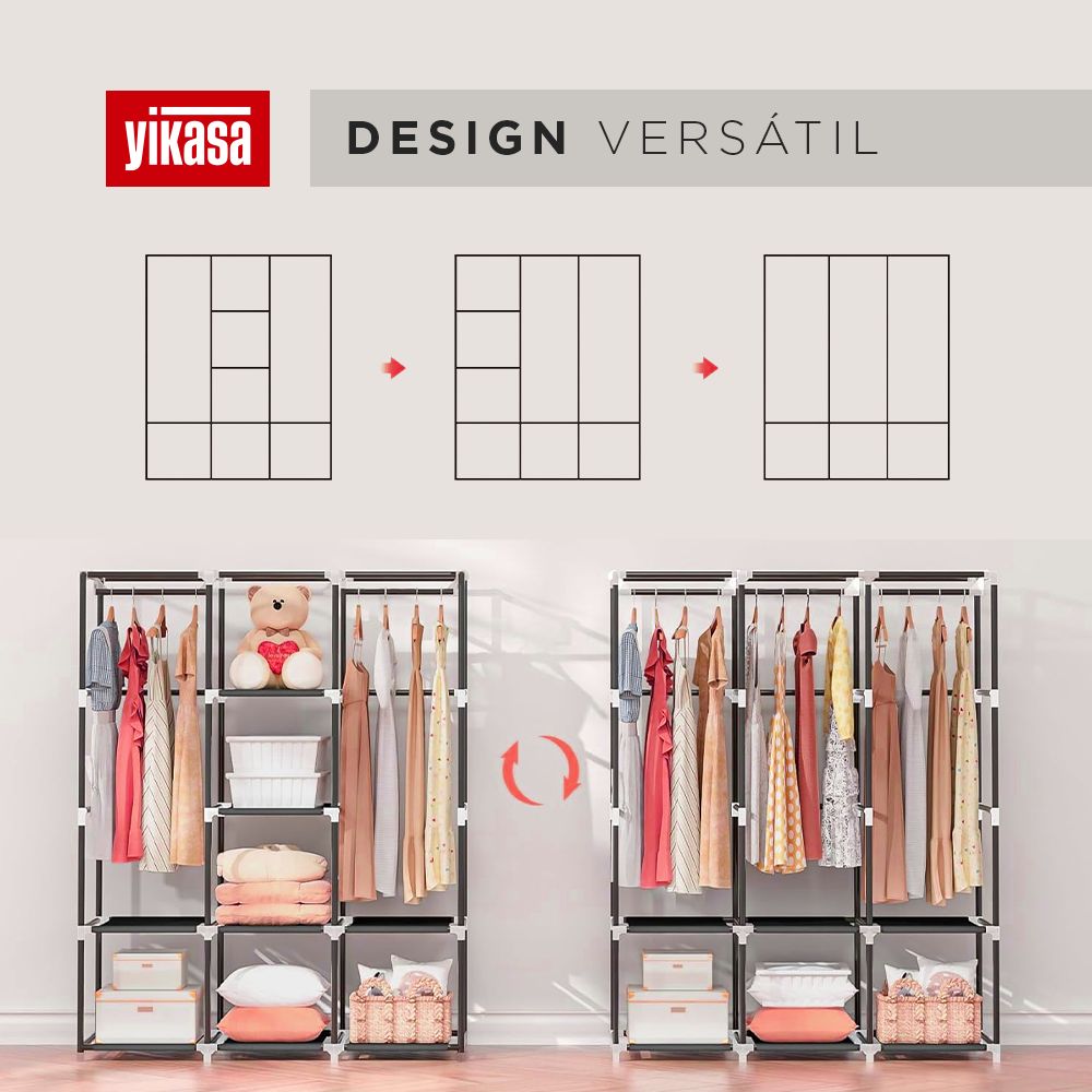 Guarda Roupas Desmontável Com 8 Divisores Cinza Yikasa