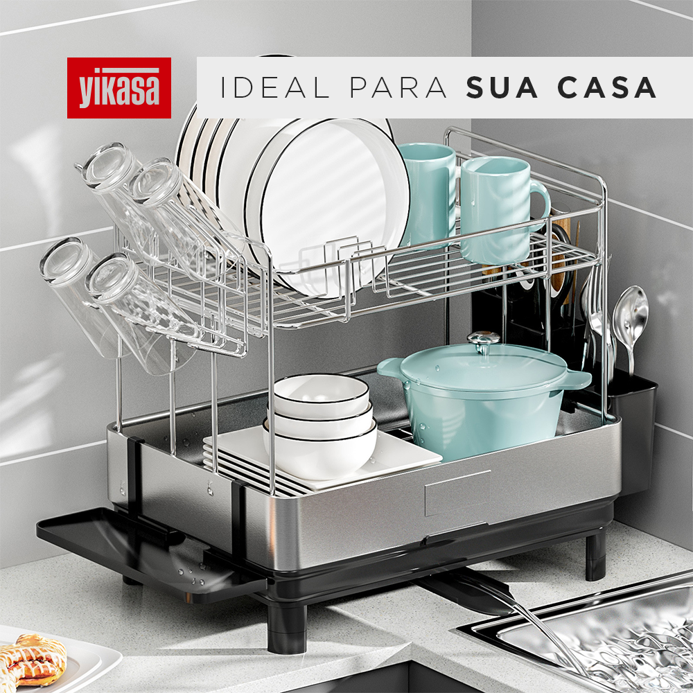 Escorredor de Louça Inox com Porta-Talheres e Bandeja Coletora Plus Yikasa