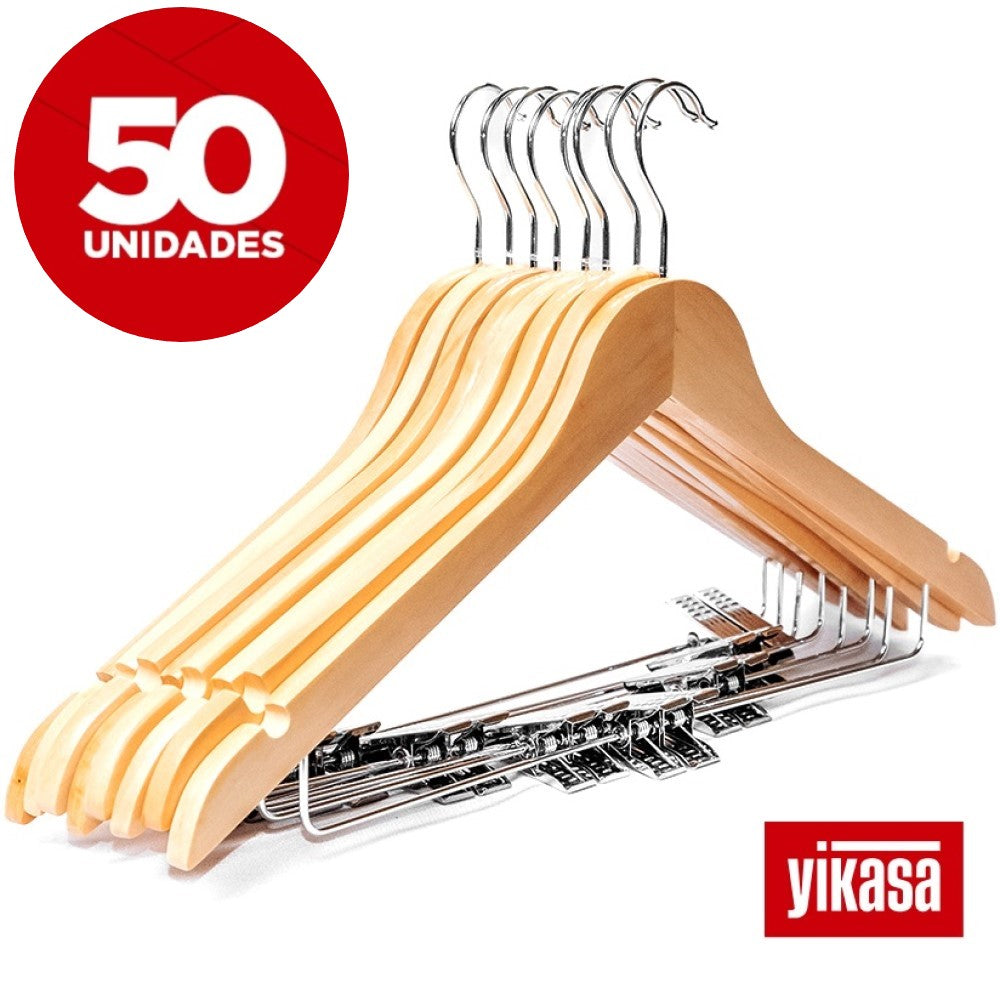 Kit 50 Cabides De Madeira Com Clipes Yikasa