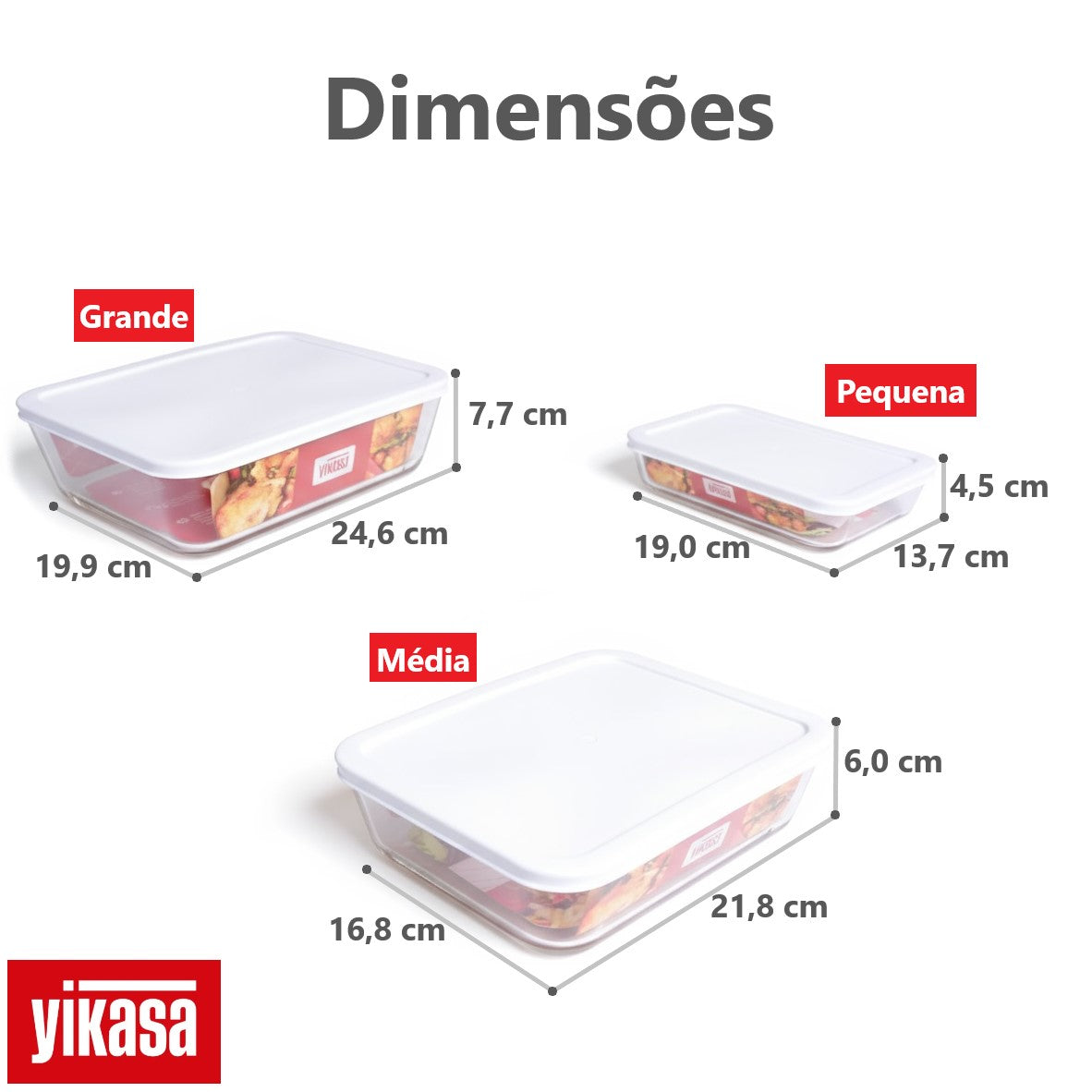 Kit 3 Travessas Retangulares de Vidro Borossilicato com Tampa Yikasa