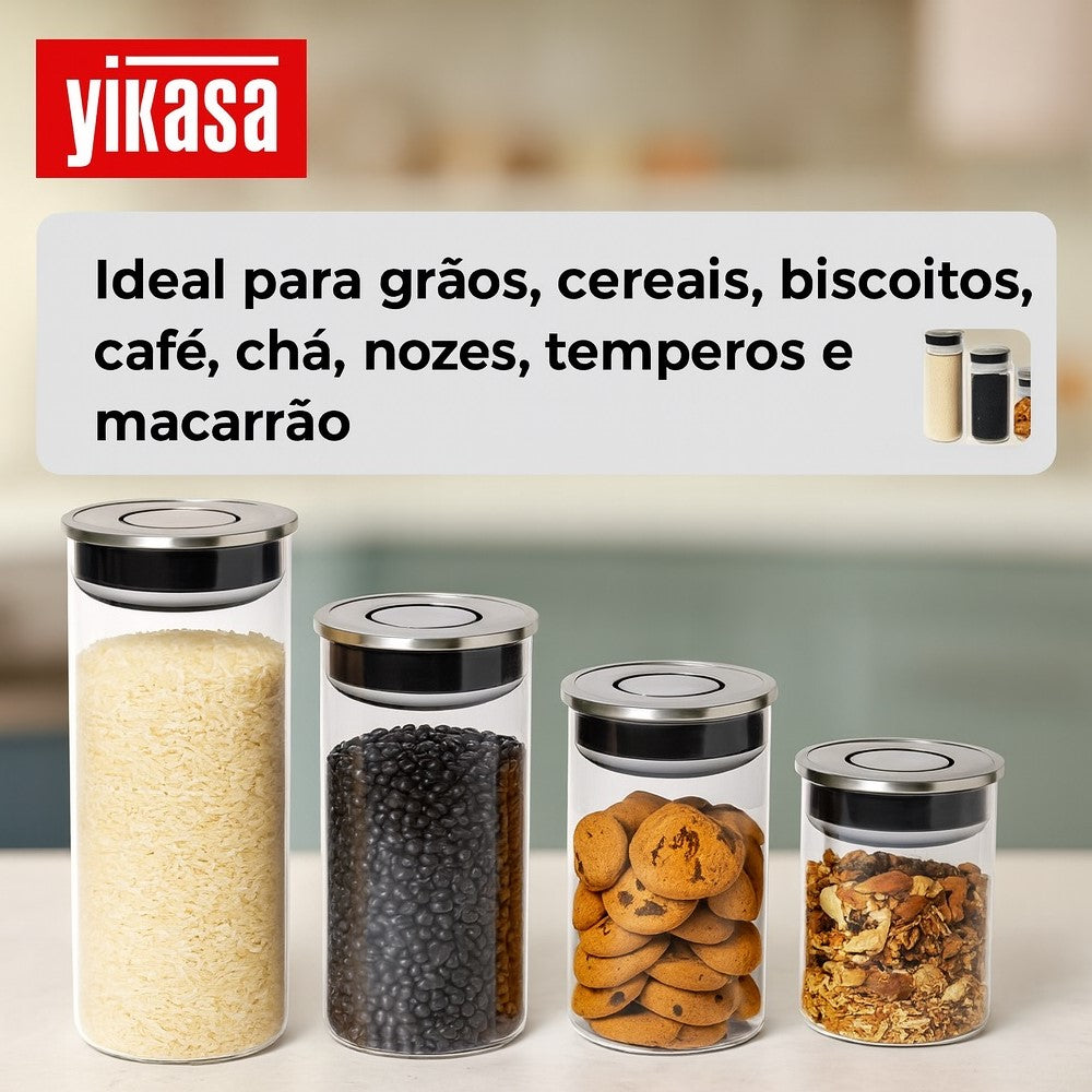 Kit 4 Potes de Vidro com Tampa Inox e botão de Vácuo Yikasa