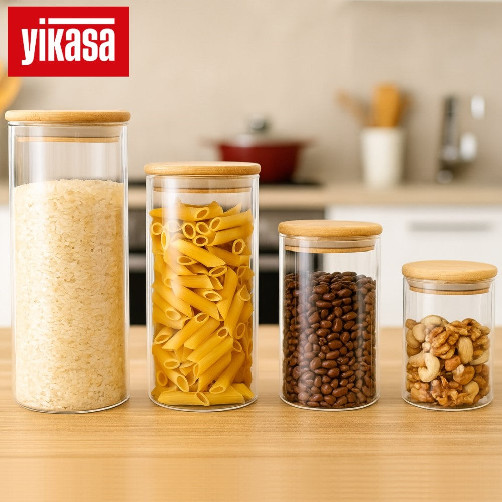 Kit 4 Potes de Vidro Borossilicato com Tampa de Bambu Yikasa