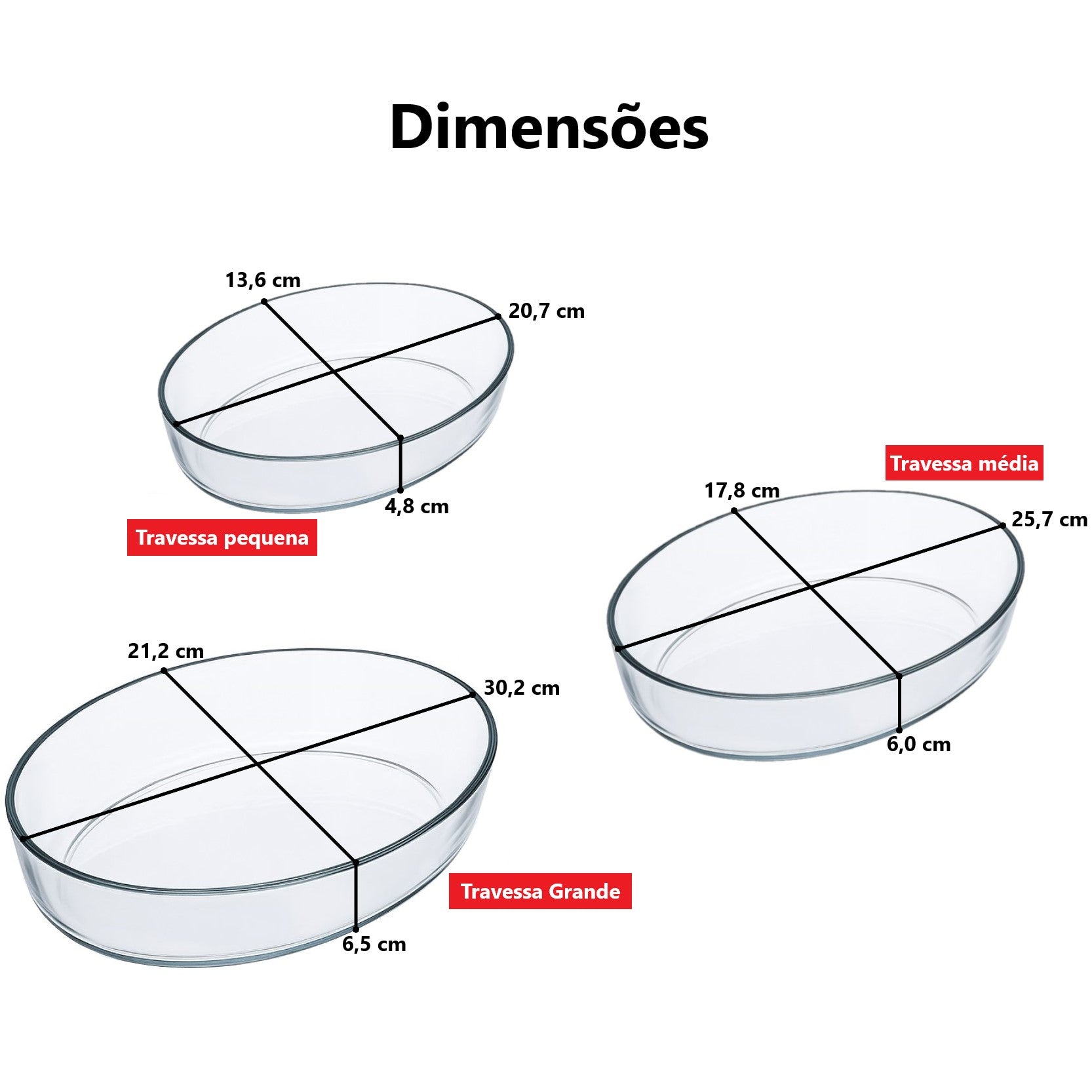 Kit 3 Travessas Ovais de Vidro Borossilicato 0.7L, 1.6L e 2.4L Yikasa