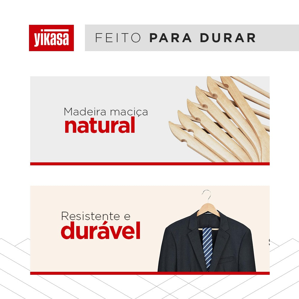 Kit 30 Cabides De Madeira Com Barra Antideslizante Yikasa