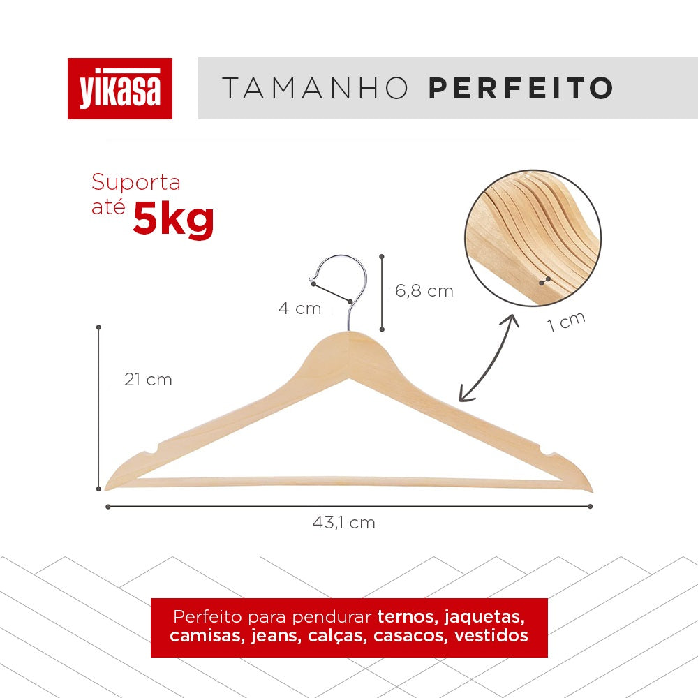 Kit 50 Cabides De Madeira Com Barra Antideslizante Yikasa