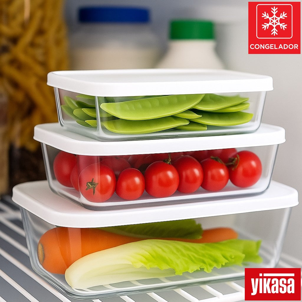 Kit 3 Travessas Retangulares de Vidro Borossilicato com Tampa Yikasa