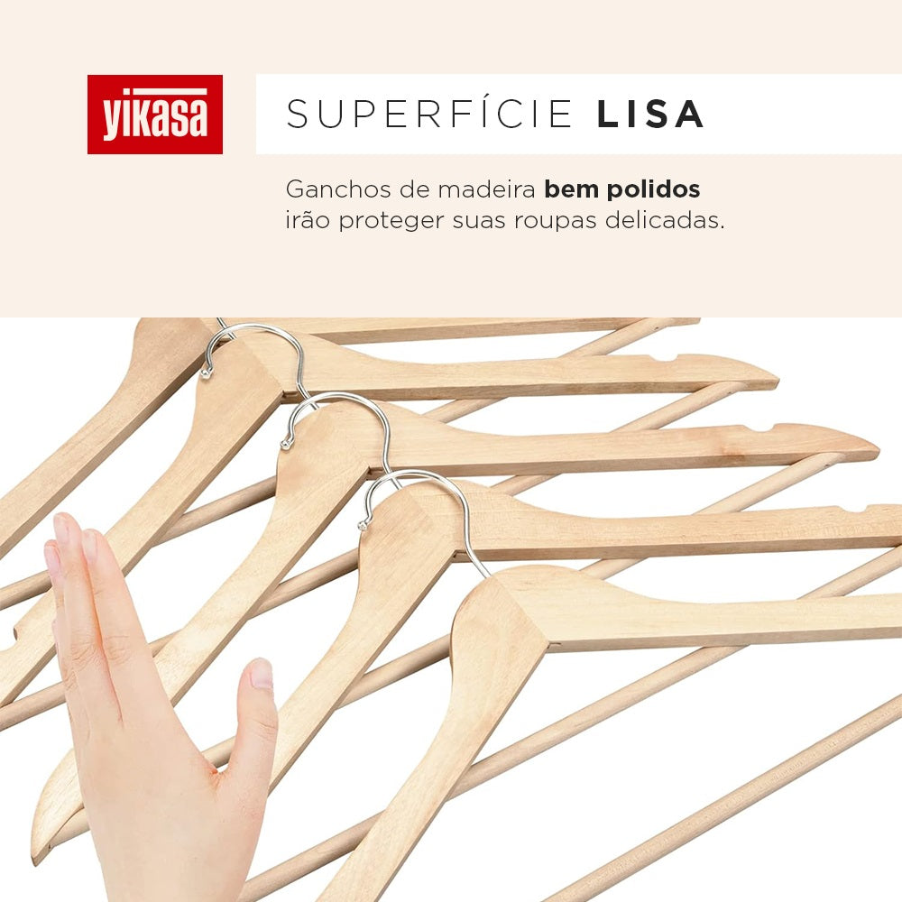 Kit 50 Cabides De Madeira Com Barra Antideslizante Yikasa