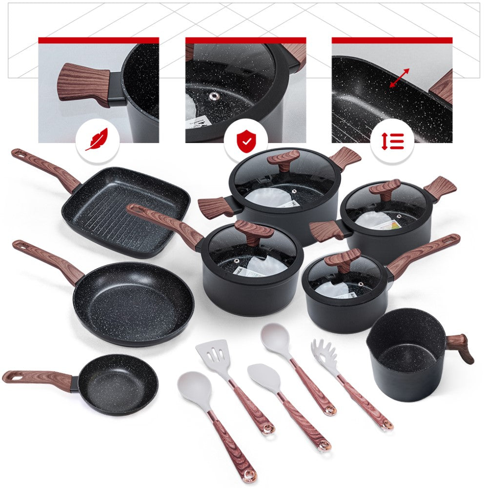Jogo de Panelas Premium com Revestimento em Mármore Antiaderente 13 Peças Preto Yikasa