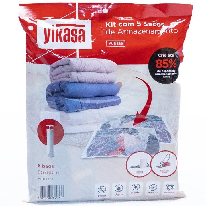 Kit 5 Sacos a Vácuo Pequenos 50x60cm + Bomba De Ar Yikasa
