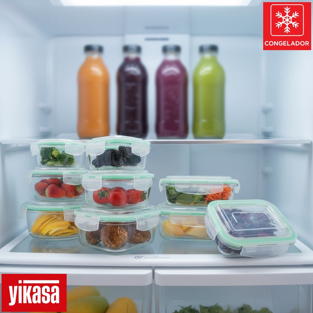 Kit 9 Potes de Vidro Borossilicato Tampa Hermética Verde Yikasa