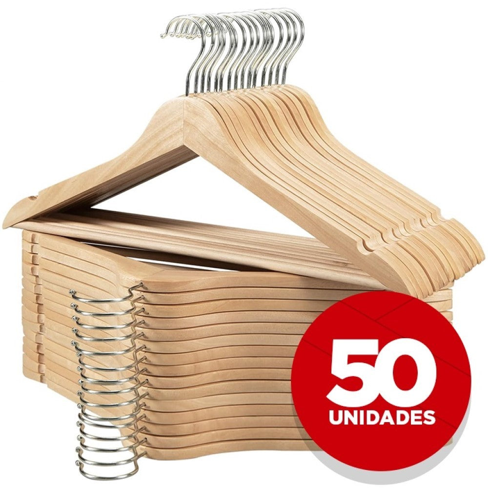 Kit 50 Cabides De Madeira Com Barra Antideslizante Yikasa