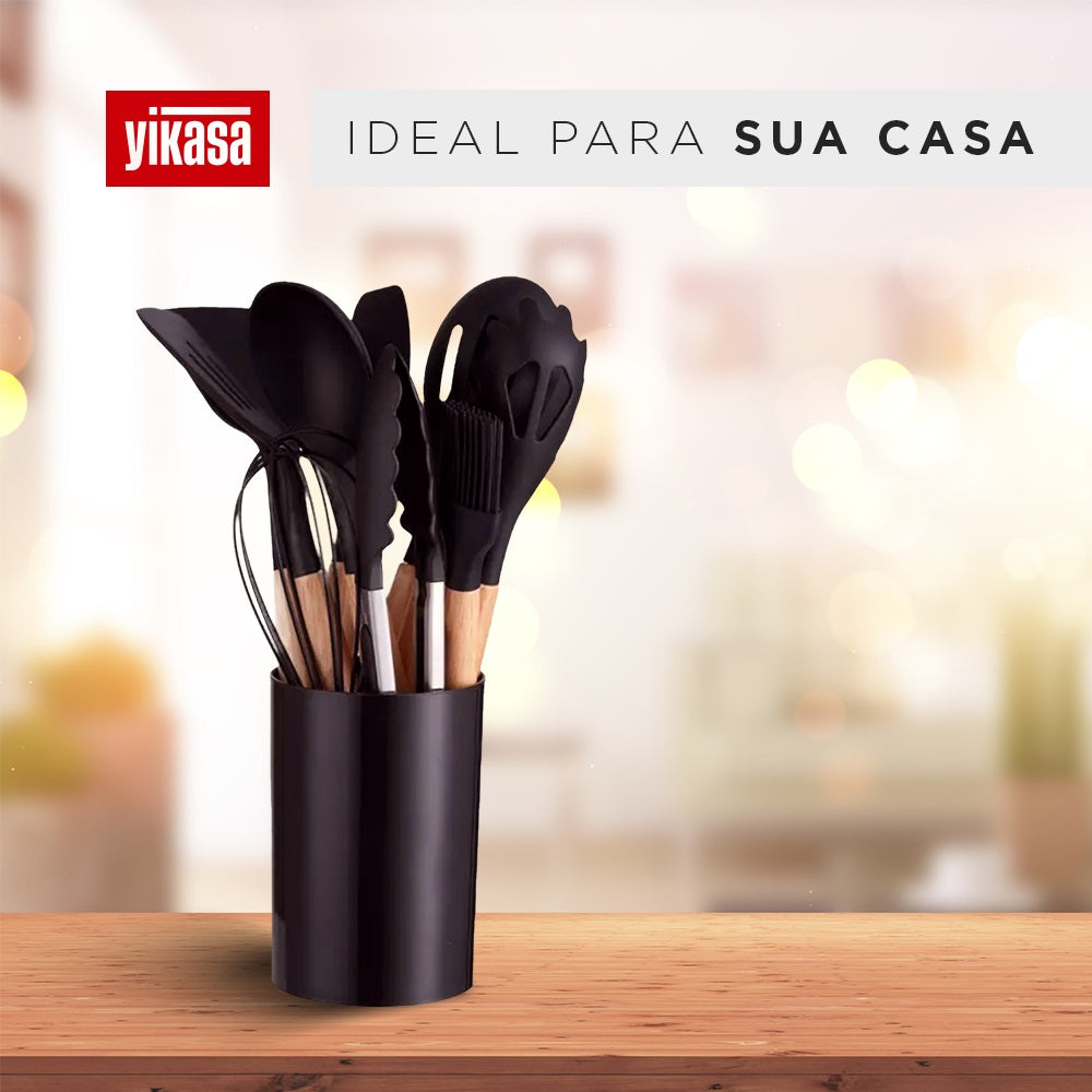 Kit Com 12 Utensílios De Cozinha Em Silicone Com Cabo Madeira Yikasa