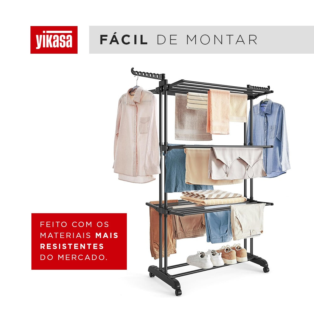 Varal De Chão Dobrável 3 Andares Preto Yikasa
