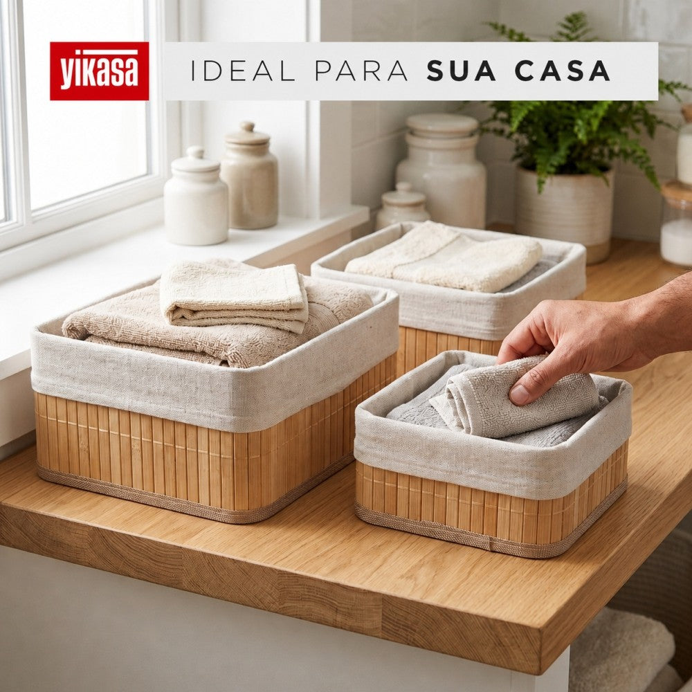 Kit Com 3 Organizadores De Bambu Quadrados Yikasa