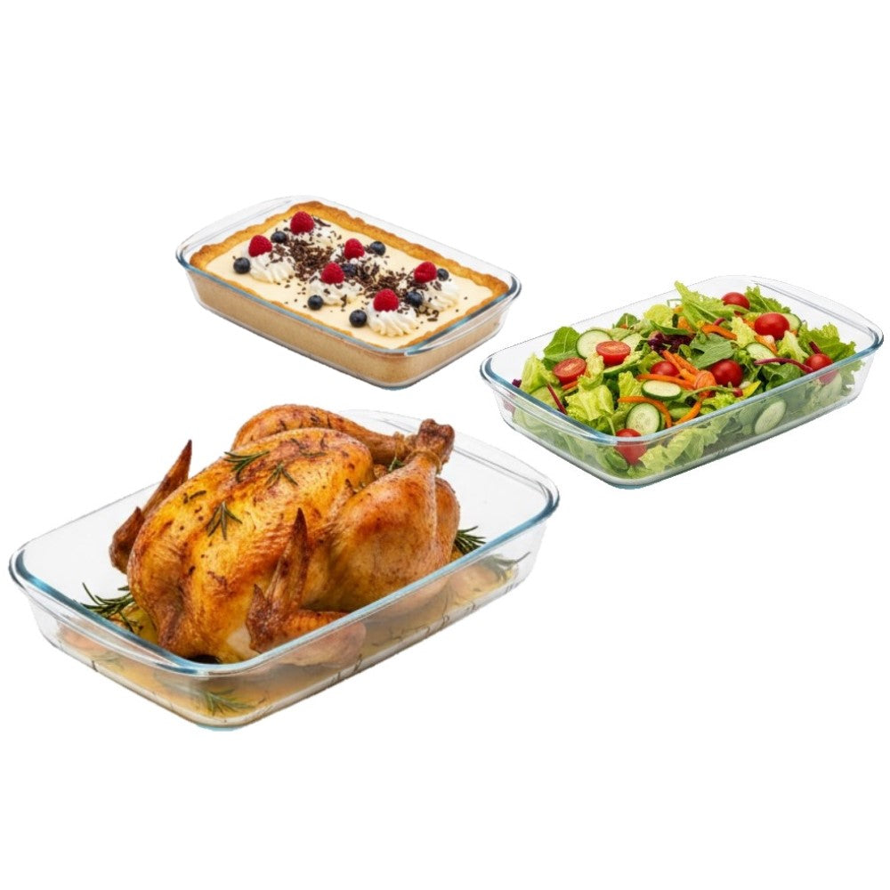 Kit 3 Travessas Retangulares de Vidro Borossilicato 1L, 1.6L e 2.2L Yikasa