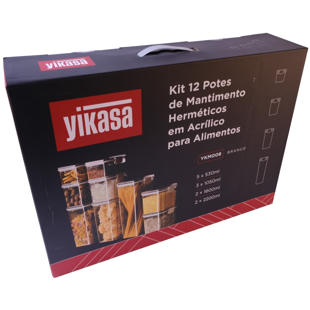 Kit 12 Potes de Mantimento Herméticos em Acrílico Branco Yikasa