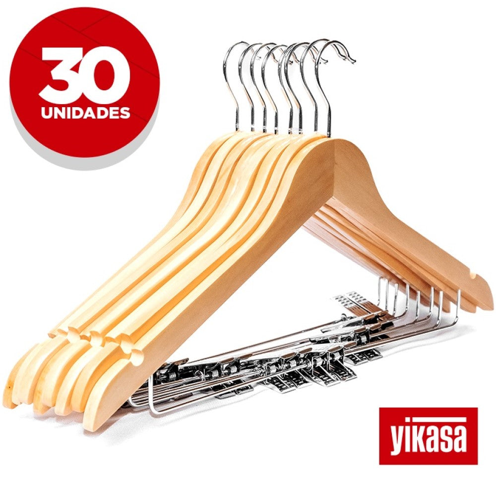 Kit 30 Cabides De Madeira Com Clipes Yikasa