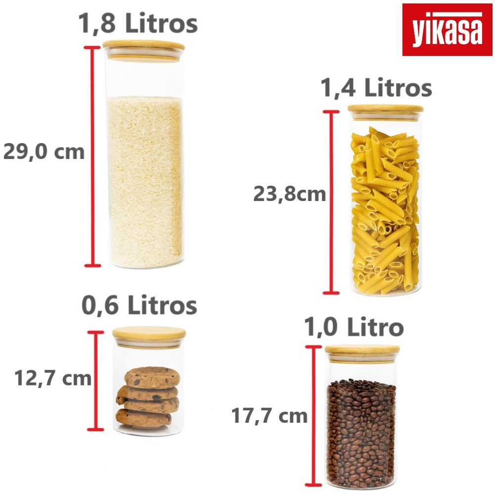 Kit 4 Potes de Vidro Borossilicato com Tampa de Bambu Yikasa