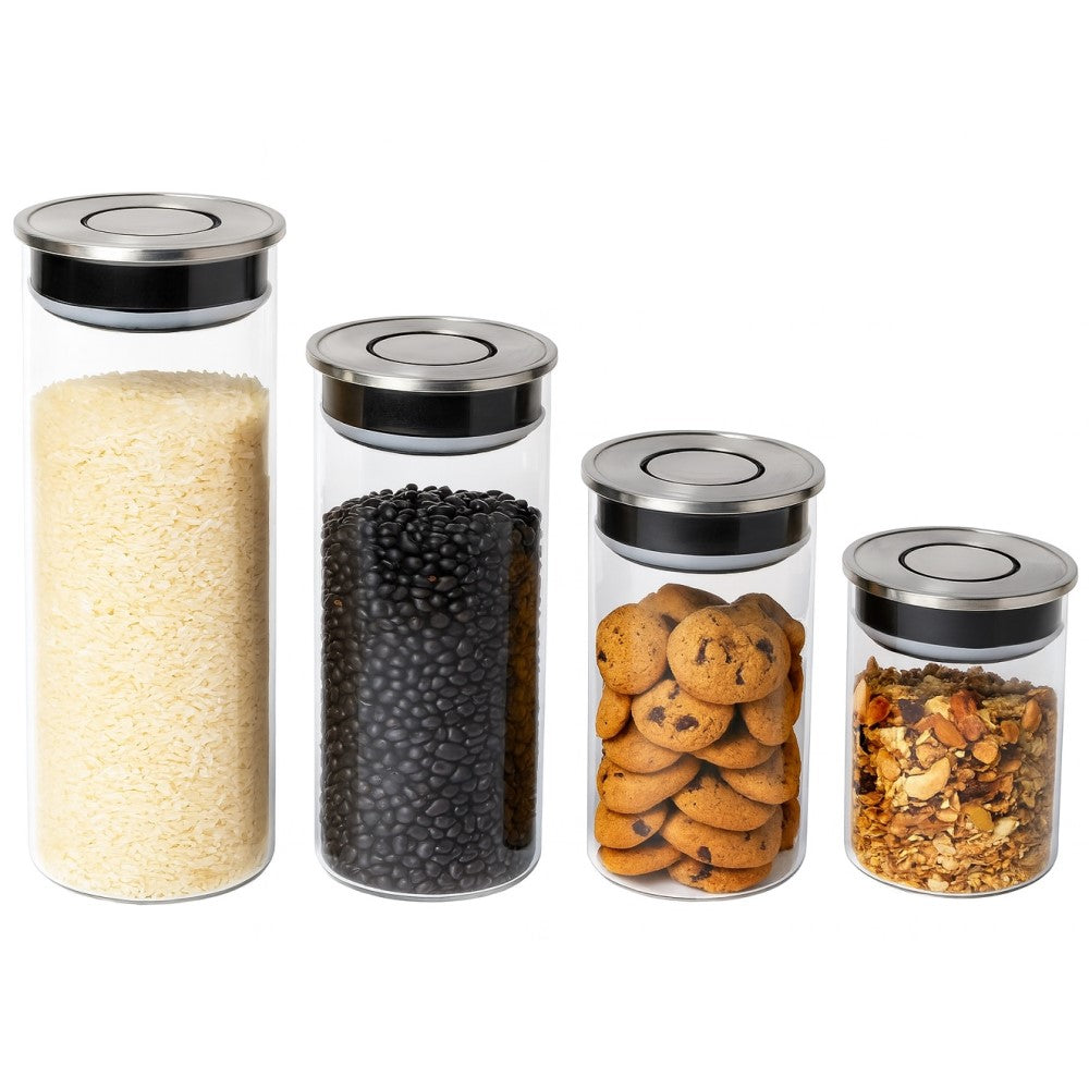 Kit 4 Potes de Vidro com Tampa Inox e botão de Vácuo Yikasa