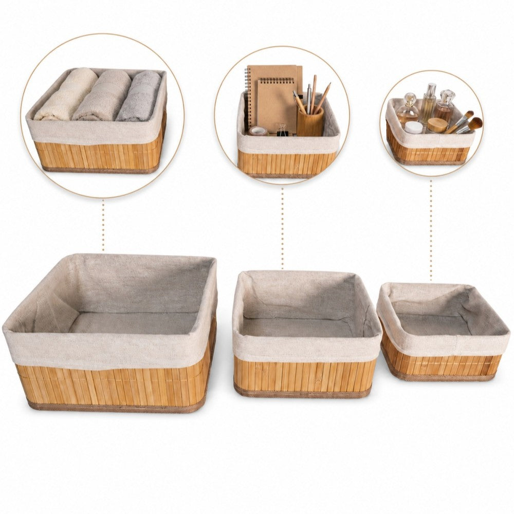 Kit Com 3 Organizadores De Bambu Quadrados Yikasa