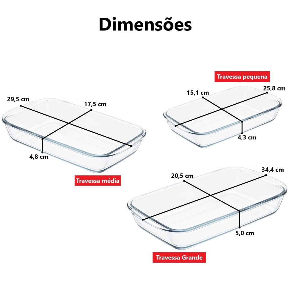 Kit 3 Travessas Retangulares de Vidro Borossilicato 1L, 1.6L e 2.2L Yikasa